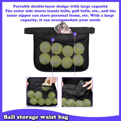 Tennis Ball Holder Adjustable Tennis Ball Waist Bag Sweatproof Mesh Cloth Ball Pouch Pickleball Training Holding Bag Accessory