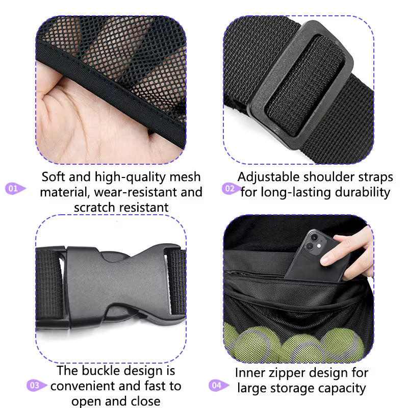 Tennis Ball Holder Adjustable Tennis Ball Waist Bag Sweatproof Mesh Cloth Ball Pouch Pickleball Training Holding Bag Accessory